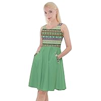CowCow Womens Aztec Geometric Pattern Knee Length Skater Dress with Side Pockets, XS-5XL