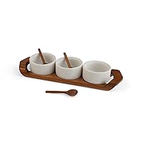 nambe Chevron Condiment Tray with Spoons –Acacia Wood Tray and White Marble Dip Bowls- Trio Serving Dish Set- Small Serving Bowls for Sauces, Nuts, Candy, Tapas