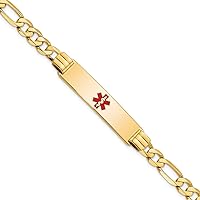 Jewels By Lux Engravable Personalized Custom 14K Yellow Gold Medical Red Enamel Flat Figaro Link ID Bracelet For Men or Women Length 7 inches Width 10.5 mm With Lobster Claw Clasp