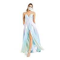 Blondie Nites Womens Pocketed Slitted Satin Gown Spaghetti Strap V Neck Full-Length Prom Fit + Flare Dress