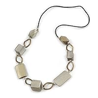 Geometric Wood Bead with Bronze Oval Link Black Faux Leather Cord Necklace (Metallic Silver) - 86cm L