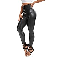 FITTOO Women's Faux Leather Pants High Waisted Pu Leggings Stretchy Black Tights