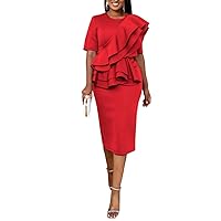 Women's Elegant Ruffle Embellished Pencil Dress Fashion Round Neck Short Sleeve High Waist Bodycon Midi Business Dress
