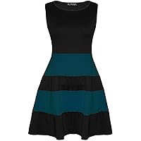 Oops Outlet Women's Sleeveless Colored Blocks Striped Panel Flared Skater Dress Plus Size (US 12/14) Black/Teal