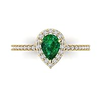 Clara Pucci 1.19ct Brilliant Pear Cut Solitaire with accent Simulated Green Emerald designer Modern Statement Ring Solid 14k Yellow Gold