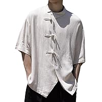Summer Chinese Traditional Dress: Oversize Linen Shirt for Men - Black Tops with Tai Chi Kung Fu Vintage Style