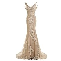 Champagne Mermaid Appliques Lace Tulle Wedding Dress V Neck Sleeveless Bridal Gown