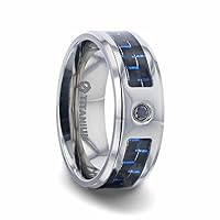 Mens Titanium Black & Blue Carbon Fiber Inlaid Black Sapphire Center Stone Wedding Ring - Beveled Polished Comfort Fit - 8mm Wide - Style name: PACIFIC