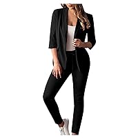 Women's 2 Piece Casual Blazers Open Front 3/4 Sleeve Work Office Jackets and Pencil Pants Business Office Suit Set