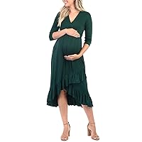 Mother Bee Maternity Short or 3/4 Sleeve Hi-Low Ruffle Faux Wrap Dress