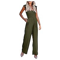 Womens 2024 Summer Jumpsuits Boho Ruffle Spaghetti Straps Smocked Wide Leg Long Pants Romper Overalls with Pockets