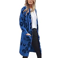 Women Leopard Long Cardigan Sweater Open Front Print Loose Knit Coat Knitted Outwear Jumper with Pockets