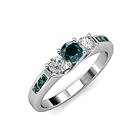 Round London Blue Topaz & Diamond Women Three Stone Engagement Ring with London Blue Topaz on Side Bar 0.82 ctw 14K Gold