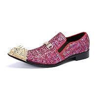 Men Pink Loafers Slip on Metal Dragon Pointed Toe Block Heel Shiny Decoration Premium Genuine Leather Luxurious