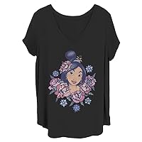 Disney Women's Princesses Floral Mulan Junior's Plus Short Sleeve Tee Shirt