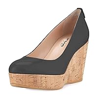 XYD Women Comfort Round Toe Wood Platform Pumps Slip On Patent Wedge Cork High Heel Casual Dress Shoes