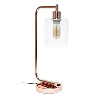 Simple Designs LD1066-RGD Bronson Antique Style Industrial Iron Lantern Desk Bedside Table Lamp with Dual 2 USB Charging Ports and Glass Shade, Rose Gold