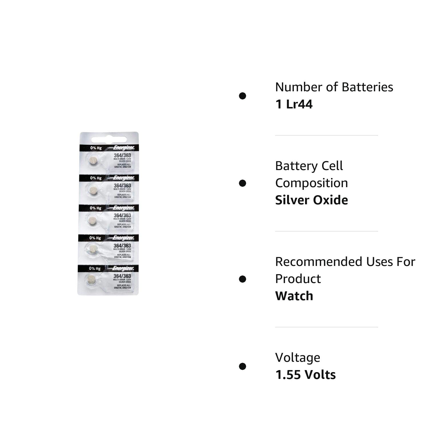 Energizer 364-363 1.55v #364/363 Low-drain Battery (SR621SW) Pack of 5 Batteries.