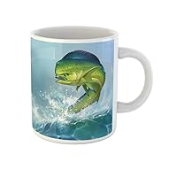 Coffee Mug Green Fishing Mahi Dolphin Fish on Blue Ocean Saltwater 11 Oz Ceramic Tea Cup Mugs Best Gift Or Souvenir For Family Friends Coworkers