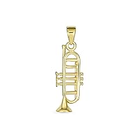 Bling Jewelry Genuine 14K Yellow Gold Unisex Classic Musician Teacher Student Jazz Lover Trumpet Instrument Pendant Necklace For Teen For Men Women No Chain
