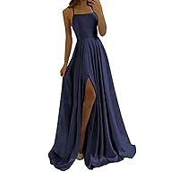 Women's Solid Color Evening Dress Sexy Back Hollowed Out Chiffon Front Piece Slit Dress Long Sleeve Midi (f-Navy, L)