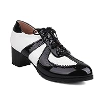 Women Block Heel Oxford Shoes Perforated Round Toe Two Tone PU Leather Lace Up Cosplay Dress Pumps