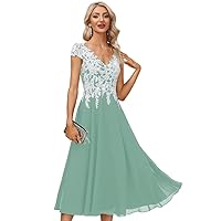 Tea Length Mother of The Bride Dresses for Women Chiffon V Neck Formal Evening Gown White Lace Appliques Dress