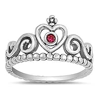 Heart Tiara Crown Simulated Ruby Unique Ring New .925 Sterling Silver Band Sizes 5-10