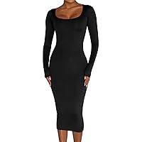 Women's Winter Long Midi Dress Square Neck Long Sleeve Bodycon Dress Stretch Ribbed Slim Lounge Solid Dresses