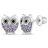 925 Sterling Silver Girls Purple Owl Themed Cubic Zirconia Earrings with Safety Screw Back, Best for Animal Lover Kids-Toddlers and Pre Teens. Go with any Outfits