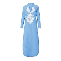2023 Women Floral Kaftan Cotton Linen Maxi Dresses Summer Deep V Neck Long Sleeve Split Side Trendy Casual Dress
