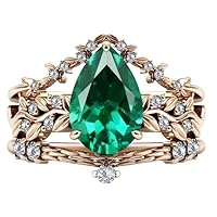 Vine Leaf Design Emerald Engagement Ring Set Pear Shaped 3 CT Emerald Antique Wedding Ring Set For Women Art Deco Emerald Bridal Ring Set