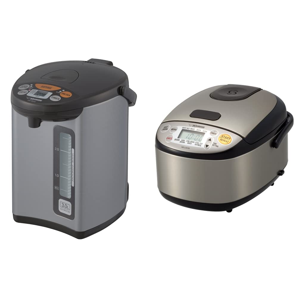 Zojirushi CD-WCC30 Micom Water Boiler & Warmer, Silver & NS-LGC05XB Micom Rice Cooker & Warmer, 3-Cups (uncooked), Stainless Black
