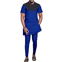 African Men Clothing Big and Tall Dashiki Short Sleeve Tops Blouse + Ankara Pants 2 Piece Tracksuit Wax Attire