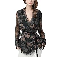 Floral Print Chiffon Blouse Women Long Sleeve V-Neck Summer Tops with Sashes Lace-Up Female Irregular Shirts