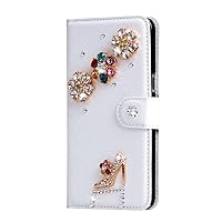 Crystal Wallet Phone Case Compatible with iPhone XR - High Heel - White - 3D Handmade Sparkly Glitter Bling Leather Cover with Screen Protector & Neck Strip Lanyard