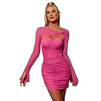 Women's Dress Dresses for Women Twist Front Cut Out Split Cuff Ruched Mesh Bodycon Dress (Color : Hot Pink, Size : X-Small)