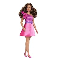 Barbie Fashionistas Doll #225, Curvy Body Type with Brown Hair, Pink Sparkly Dress & Accessories, 65th Anniversary Collectible Fashion Doll