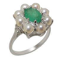 10k White Gold Natural Emerald & Cultured Pearl Womens Cluster Ring - Sizes 4 to 12 Available