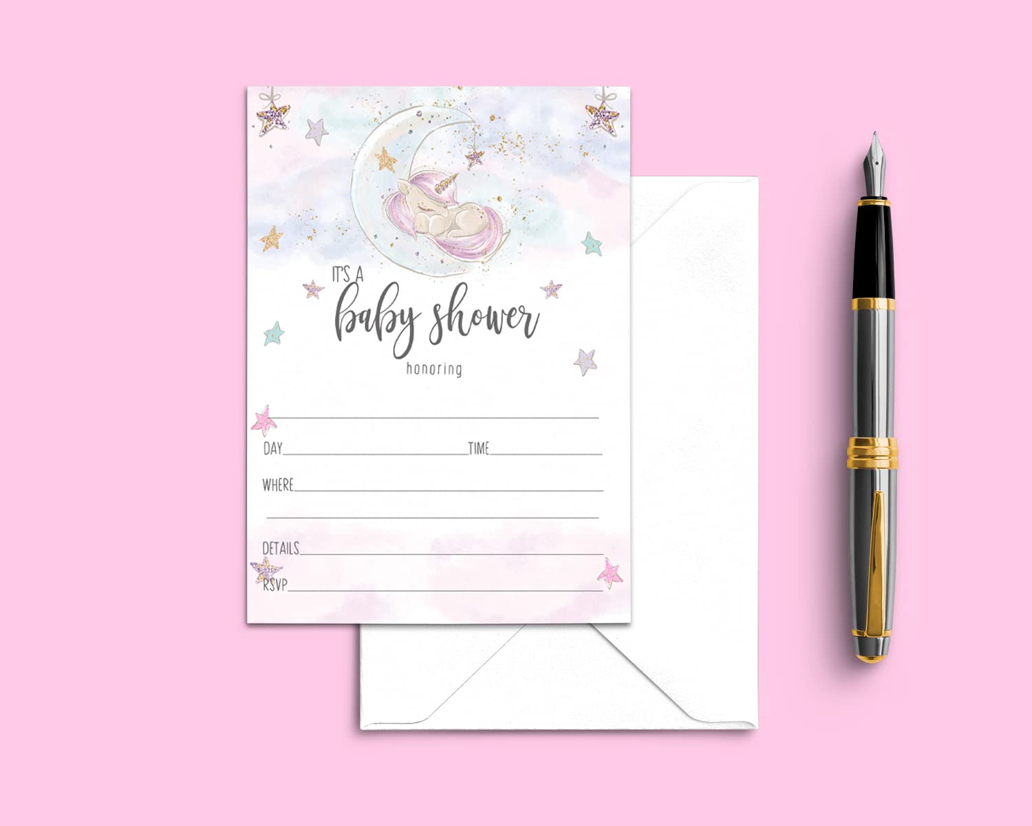 Unicorn Baby Shower Invitations Girls (25 Pack) Fill-In Invites for Pink Baby Shower, Gender Reveal, Sprinkle - Star and Moon Theme Rainbow - Blank Invitation with Envelopes 5x7 Printed Cards