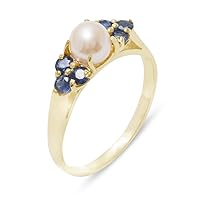 10k Yellow Gold Cultured Pearl & Sapphire Womens Cluster Anniversary Ring