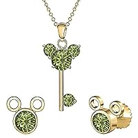 Created Round Cut Green Tourmaline Gemstone 925 Sterling Silver 14K Rose Gold Over Diamond Mickey Mouse Key Stud Earring Pendant Necklace Jewelry Set for Women's & Girl's