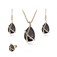 Gold Plated Black Crystal Stone Pendant Necklace Earrings Jewelry Set