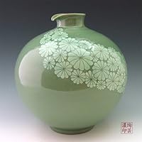 Korean Celadon Glaze Sgraffito White Chrysanthemum Flower Design Green Porcelain Ceramic Pottery Kitchen Home Decor Decorative Round Globe Jar