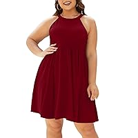 Pinup Fashion Women's Summer Halter Neck Sundress Plus Size Casual Sleeveless Short Swing Dresses with Pockets