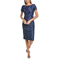 JS Collections Boat Neck Short Sleeve Embroidered Zipper Back Soutache Cocktail Embroidered Mesh Dress Blue Multi / 10