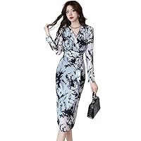 Ladies Elegant Party Dress Spring Korean Style V-Neck Print Slim Women Long Dresses