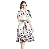 Summer Vintage Flowers Butterflies Print Collar Bow Tie Buttons Short Sleeve Women Ladies Casual Party Midi Dresses