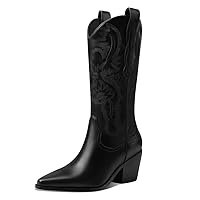 Mid Calf Cowgirl Boots for Women Chunky Stacked Heel Snip Toe Cowboy Boots
