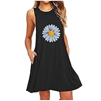 Womens Summer Dresses O Neck Sleeveless Solid Above Dress Women Casual Fashion Knee Pockets Women's Dress